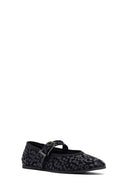 Woman Black Leopard Pattern Buckled Suede Leather Babet | Derimod