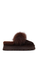Woman Brown Thick-Soled Plush Suede Teddy Slipper | Derimod