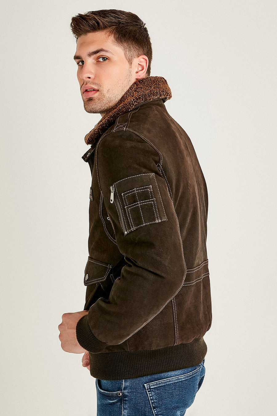 Air Force Men's Brown Fur Collared Nubuck Leather Pilot Jacket