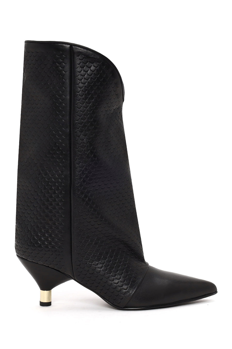 Woman Black Printed Thin-Heel Leather Boots AF190068DB | Derimod
