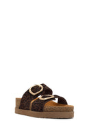 Women's Brown Double Buckle Leopard Print Chunky Sole Suede Leather Slippers | Derimod