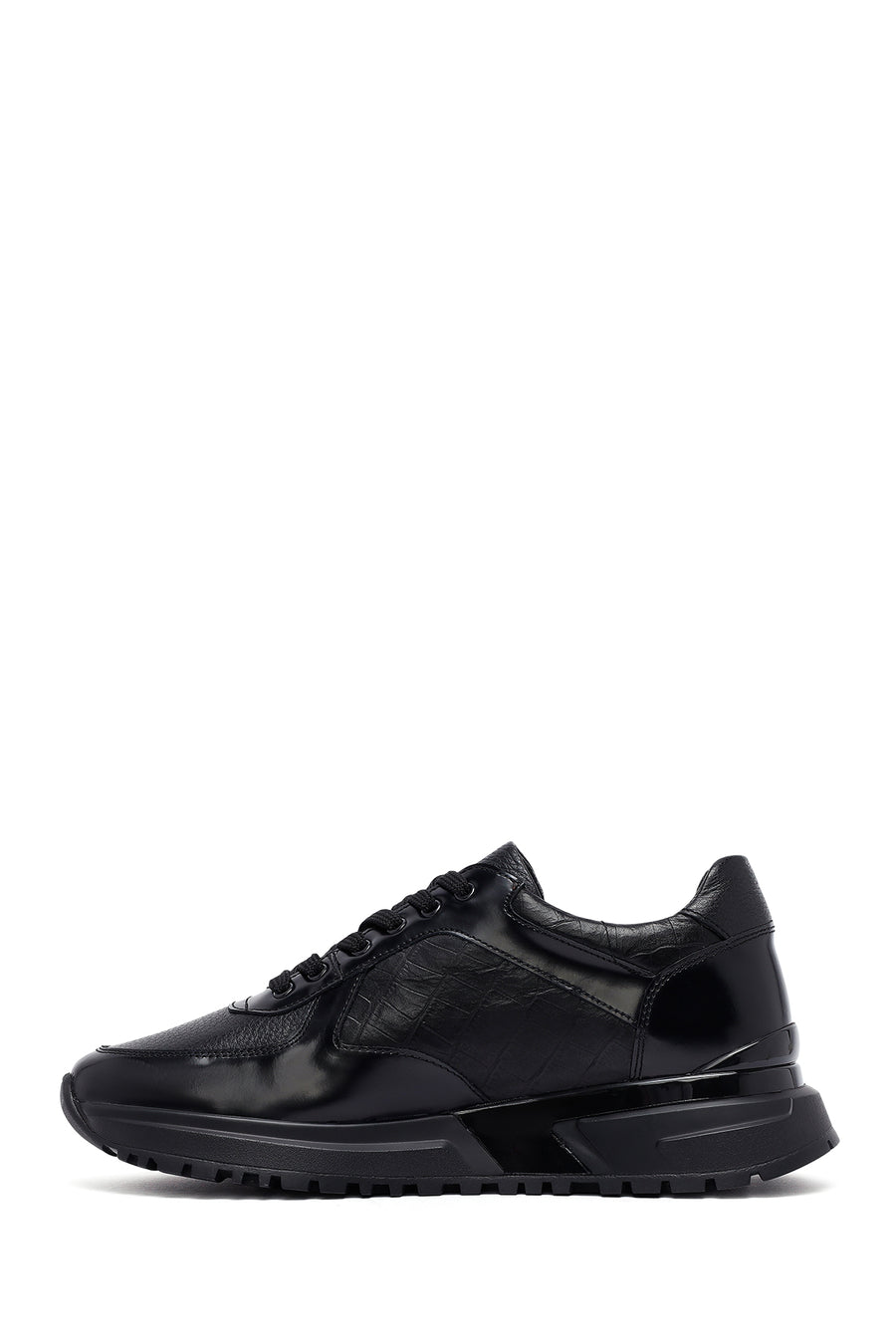 Erkek Siyah Bağcıklı Deri Casual Sneaker