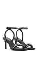Women's Black Ankle Buckle Stoned Thin Heel Sandals | Derimod