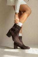 Woman Mink Zip Closure Thick-Heeled Suede Boots | Derimod