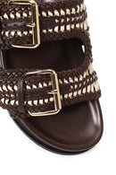 Woman Brown Double Buckle Braided Slippers | Derimod
