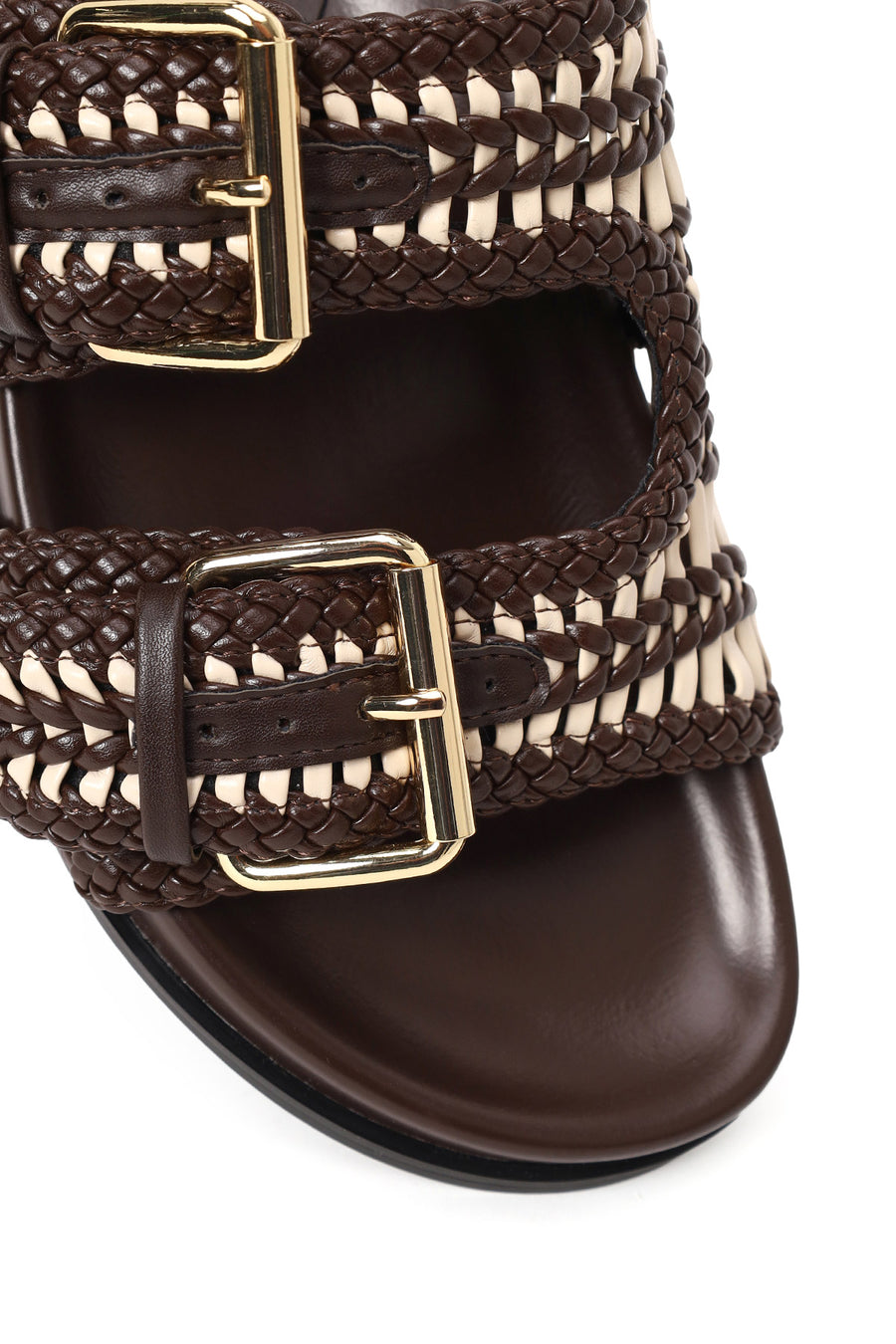 Woman Brown Double Buckle Braided Slippers