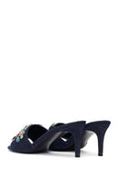 Women's Blue Thin-Heeled Satin Slippers with Rhinestones | Derimod