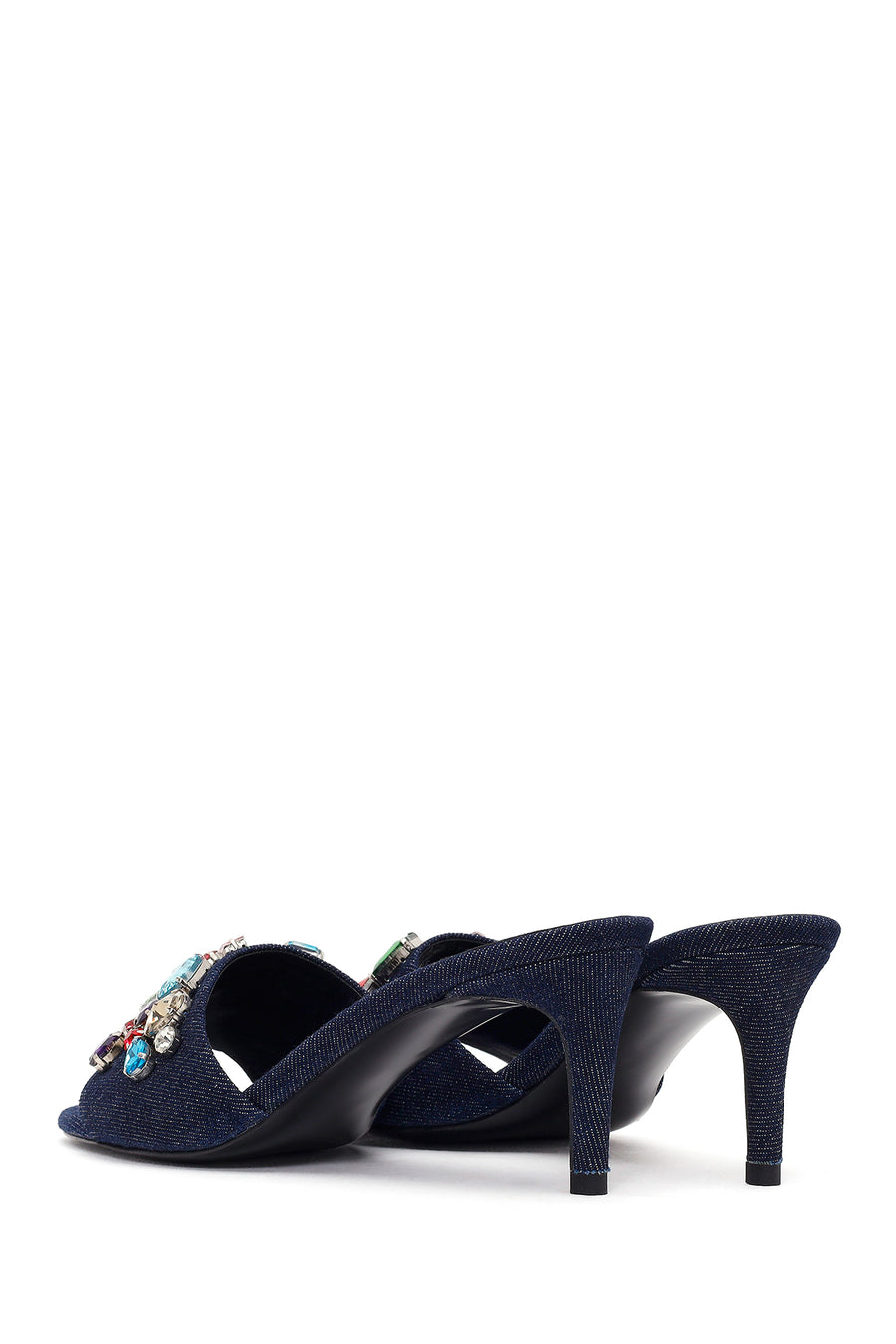 Women's Blue Thin-Heeled Satin Slippers with Rhinestones