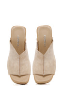 Women's Beige High Thick Heel Suede Leather Slippers | Derimod