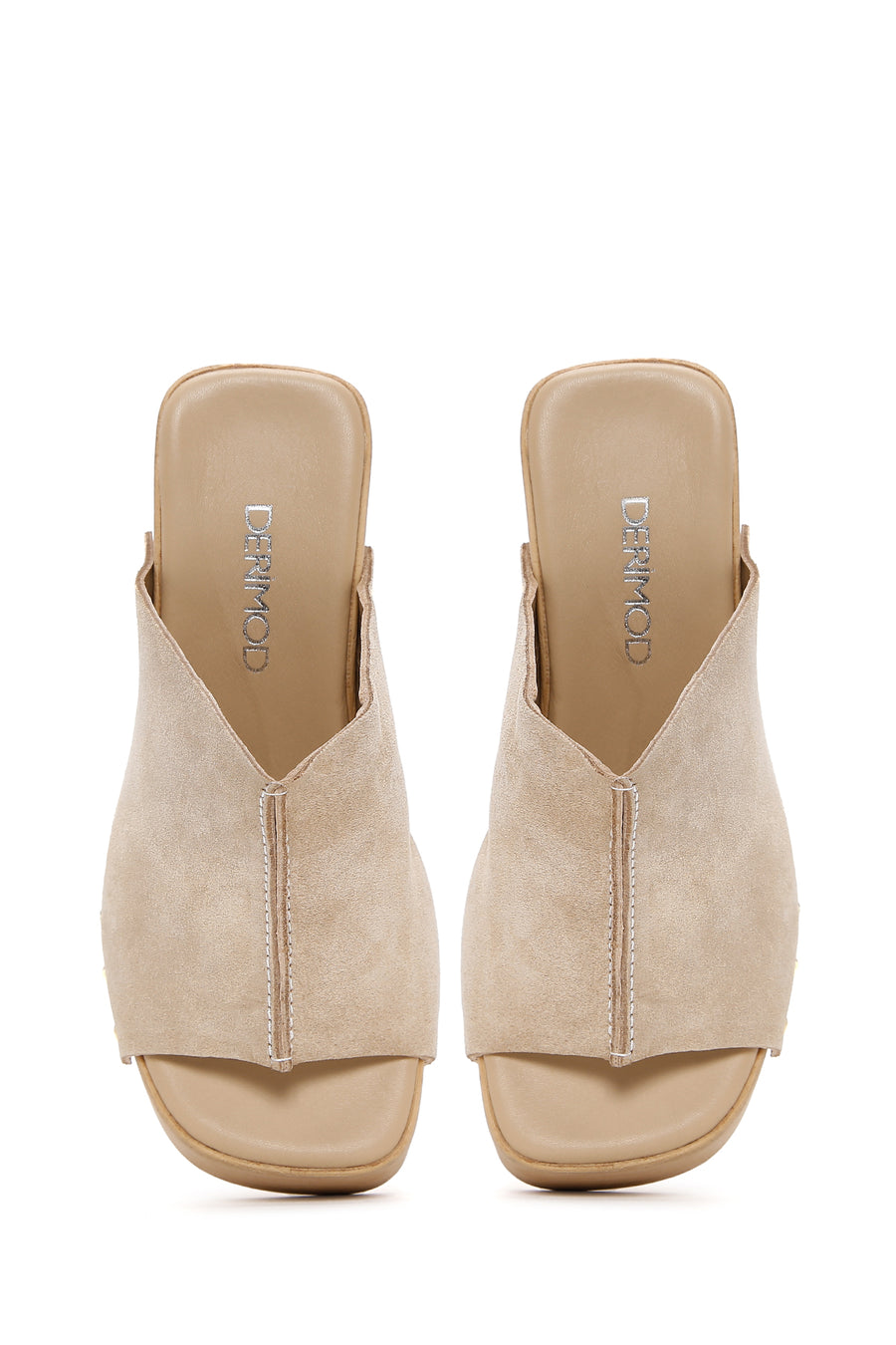 Women's Beige High Thick Heel Suede Leather Slippers