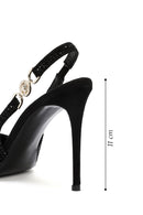 Women's Black Stoned Slingback Heeled Leather Shoes | Derimod