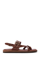 Women's Tan Ankle Strap Flip-Flop Leather Sandals | Derimod