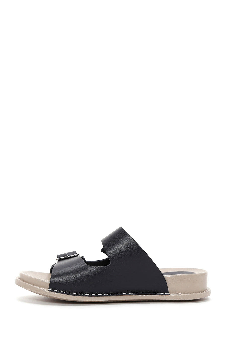 Women's Black Leather Buckle Comfort Slippers
