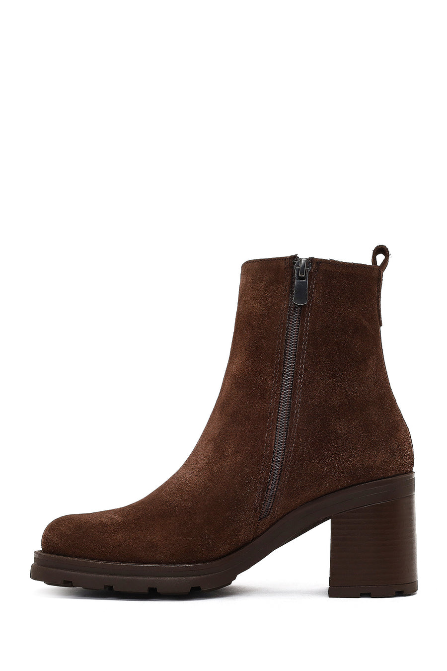 Woman Brown Zip Closure Chunky Heeled Suede Boots