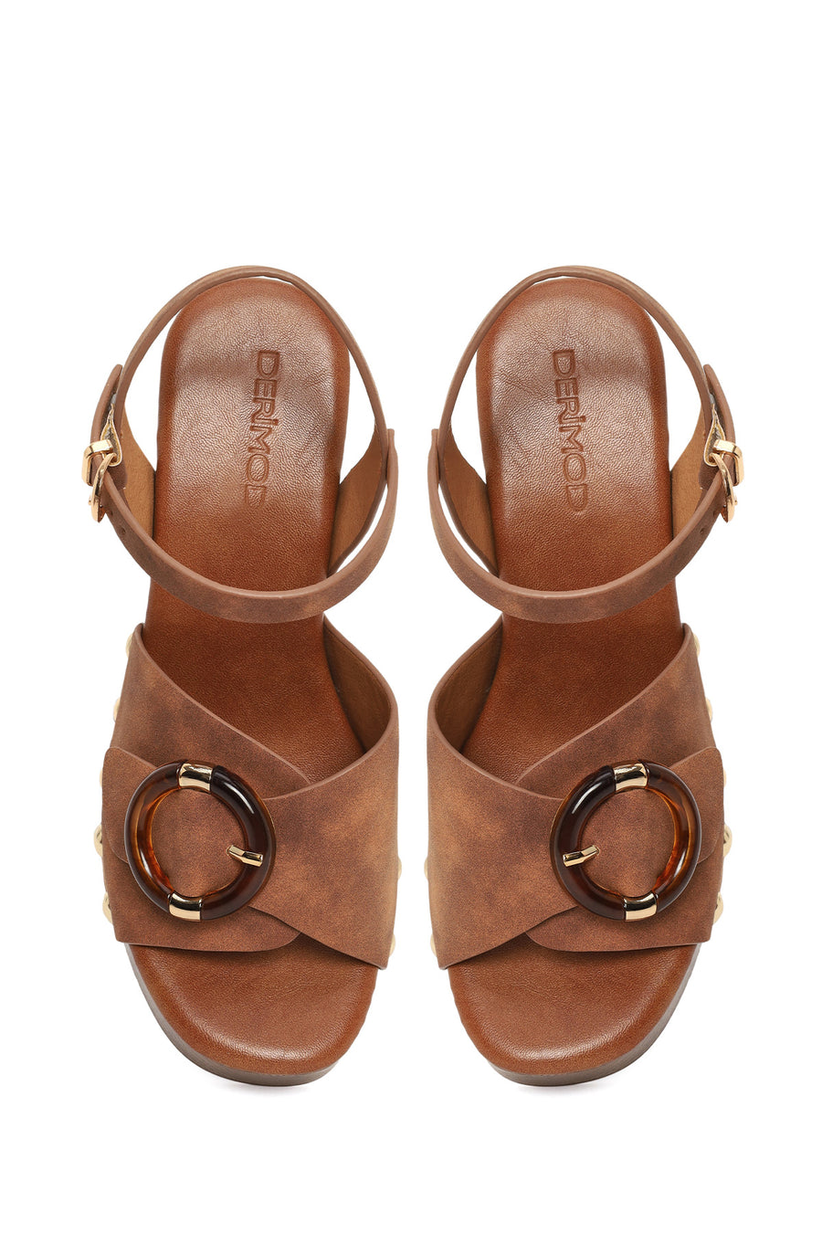 Woman Brown Ankle-Buckle Platform Chunky High-Heel Suede Sandals
