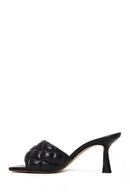 Woman Black Printed Thin-Heeled Leather Slippers | Derimod