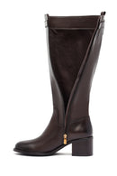 Woman Brown Zip Closure Thick-Heeled Leather Boots | Derimod