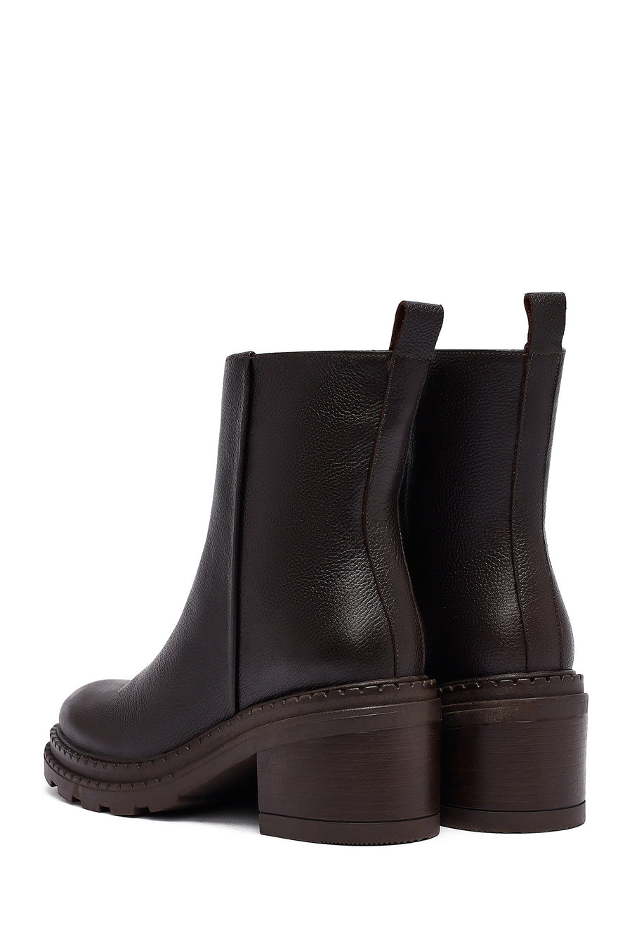 Woman Brown Zip Closure Chunky Heeled Leather Boots