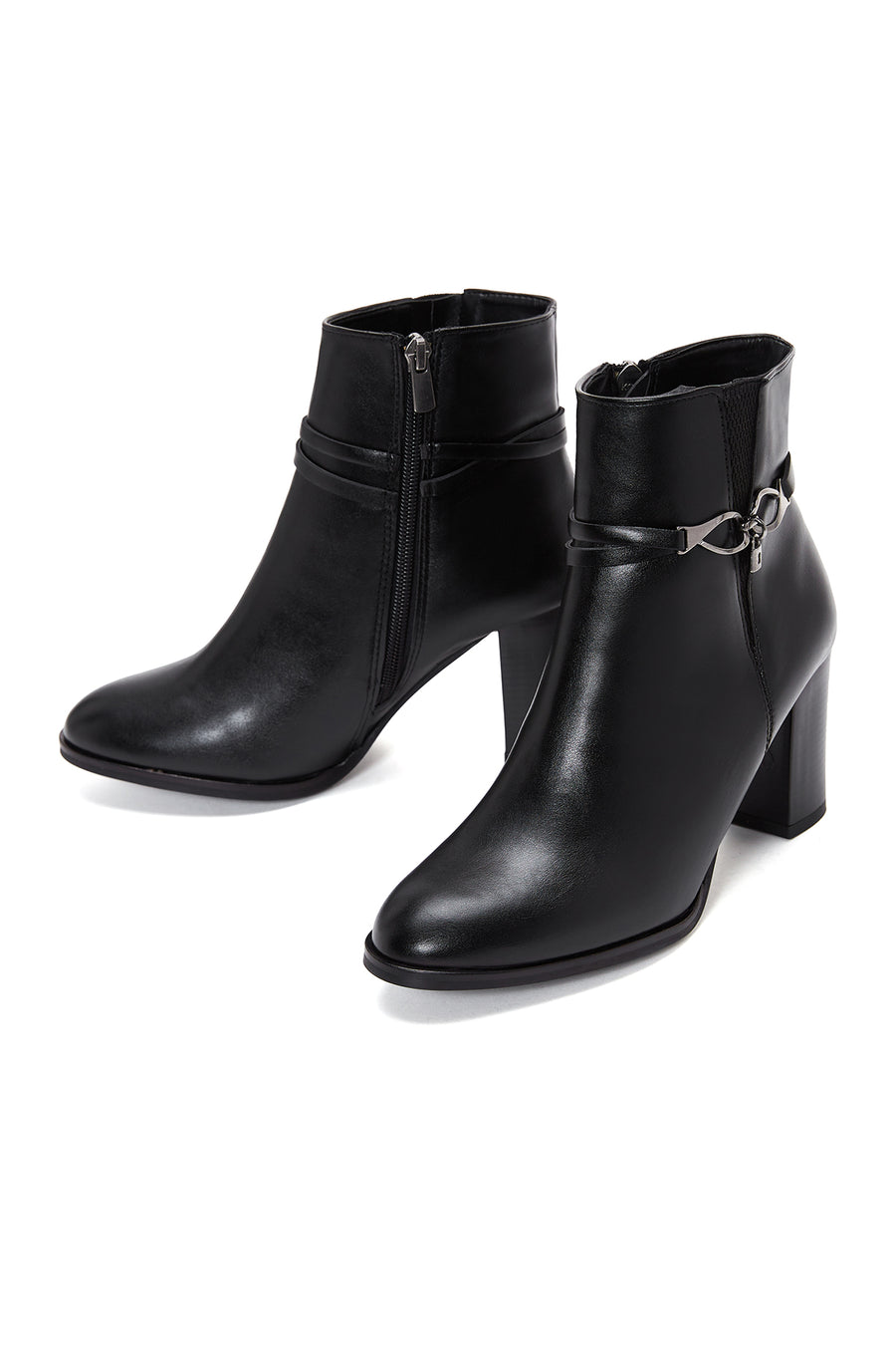 Women's Black Buckle Thick Heeled Classic Boots