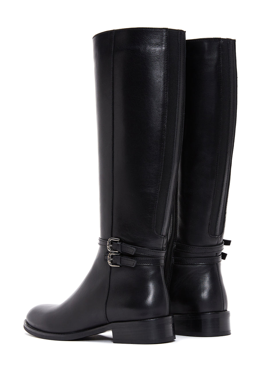 Woman Black Zippered Buckle Detail Leather Boot