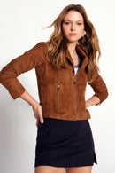 Lara Woman Camel Short Suede Leather Jacket | Derimod