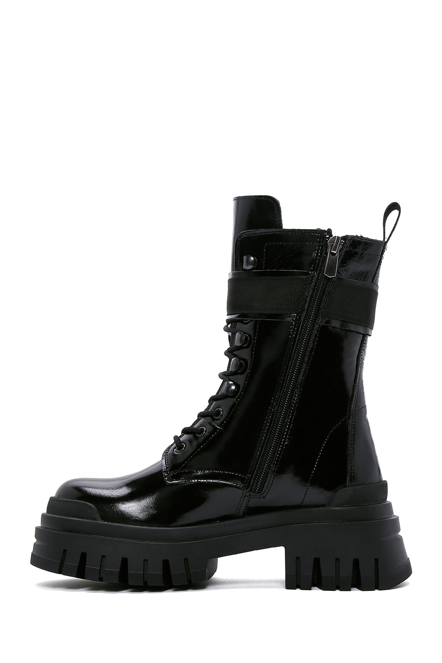 Women's Black Patent Leather Thick Soled Boots