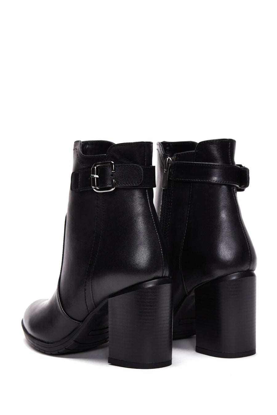 Women's Black Leather Buckle Heeled Boots