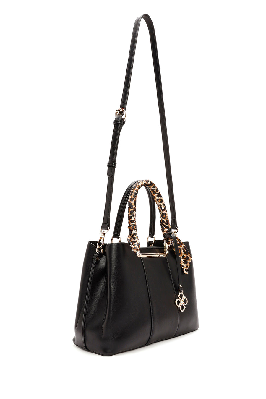 Women's Black Long Strap Handbag with Accessory Detail