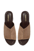 Women's Beige Thick Heeled Suede Leather Slippers | Derimod