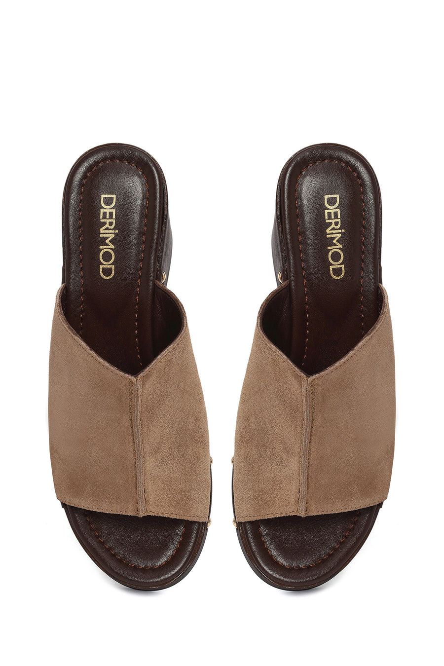 Women's Beige Thick Heeled Suede Leather Slippers