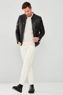 Demar Men's Black Slim-Fit Leather Jacket | Derimod