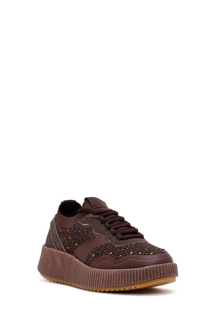 Derimod Zero Kadın Kahverengi Bağcıklı Kalın Tabanlı Taşlı Kumaş Sneaker