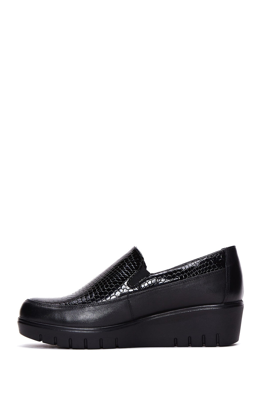 Women's Black Leather Wedge Heeled Loafer
