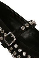 Woman Black Embellished Leather Ballet Flat | Derimod