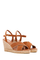 Women's Tan Ankle Strap Wedge Heel Suede Leather Espadrille Sandals | Derimod