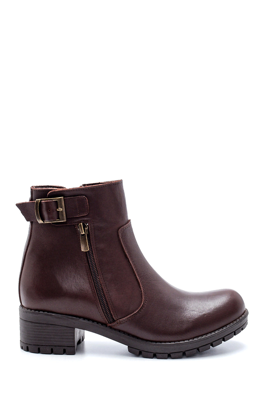 Women's Leather Buckle Detailed Zippered Boots
