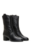 Women's Black Thick Heeled Leather Cowboy Boots | Derimod