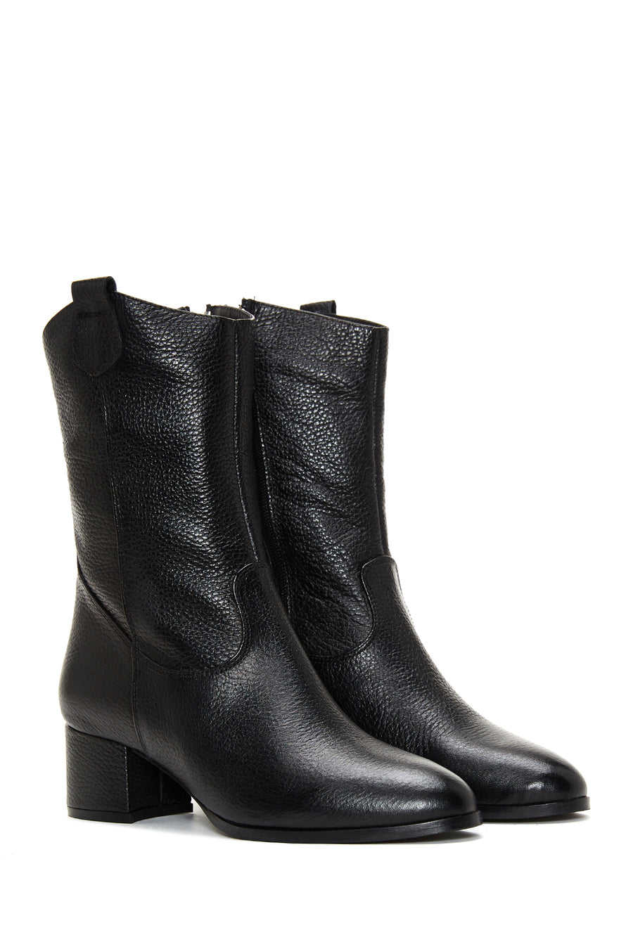 Women's Black Thick Heeled Leather Cowboy Boots