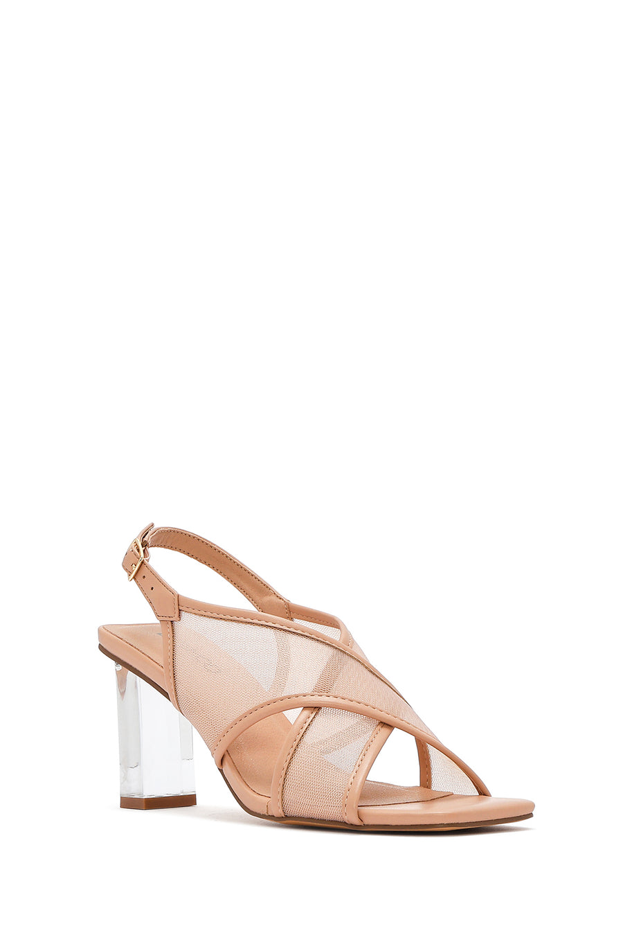 Women's Beige Fabric Sandals with Thick Heels and Buckle Ankle Straps