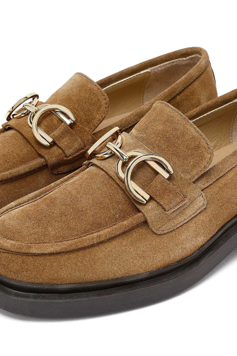 Woman Tan Buckled Suede Leather Masculine Loafer