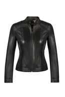 Sandy Woman Black Mandarin Collar Short Leather Jacket | Derimod