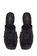 Women's Black Short Thick Heeled Leather Slippers | Derimod