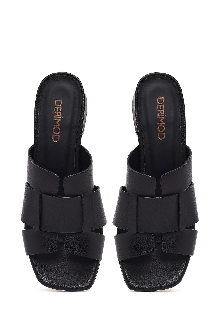 Women's Black Short Thick Heeled Leather Slippers