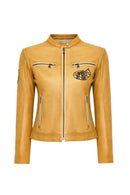 Champs Women's Yellow Embroidered Short Leather Jacket | Derimod