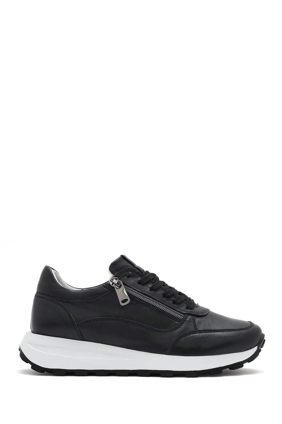 Kadın Siyah Bağcıklı Yandan Fermuarlı Deri Sneaker 25SFD372118 | Derimod