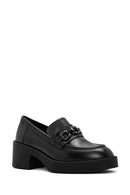 Women's Black Thick Heeled Leather Masculine Loafer | Derimod