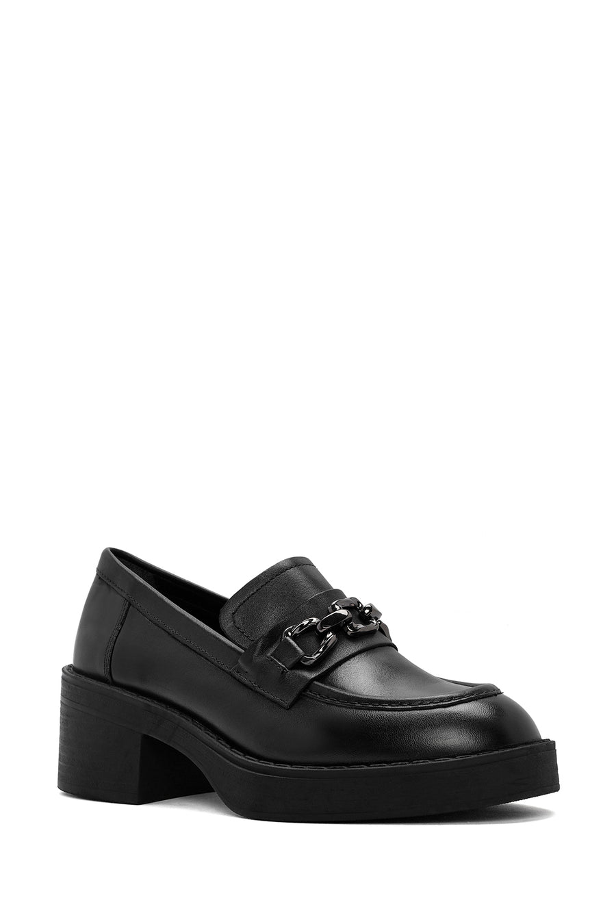 Women's Black Thick Heeled Leather Masculine Loafer