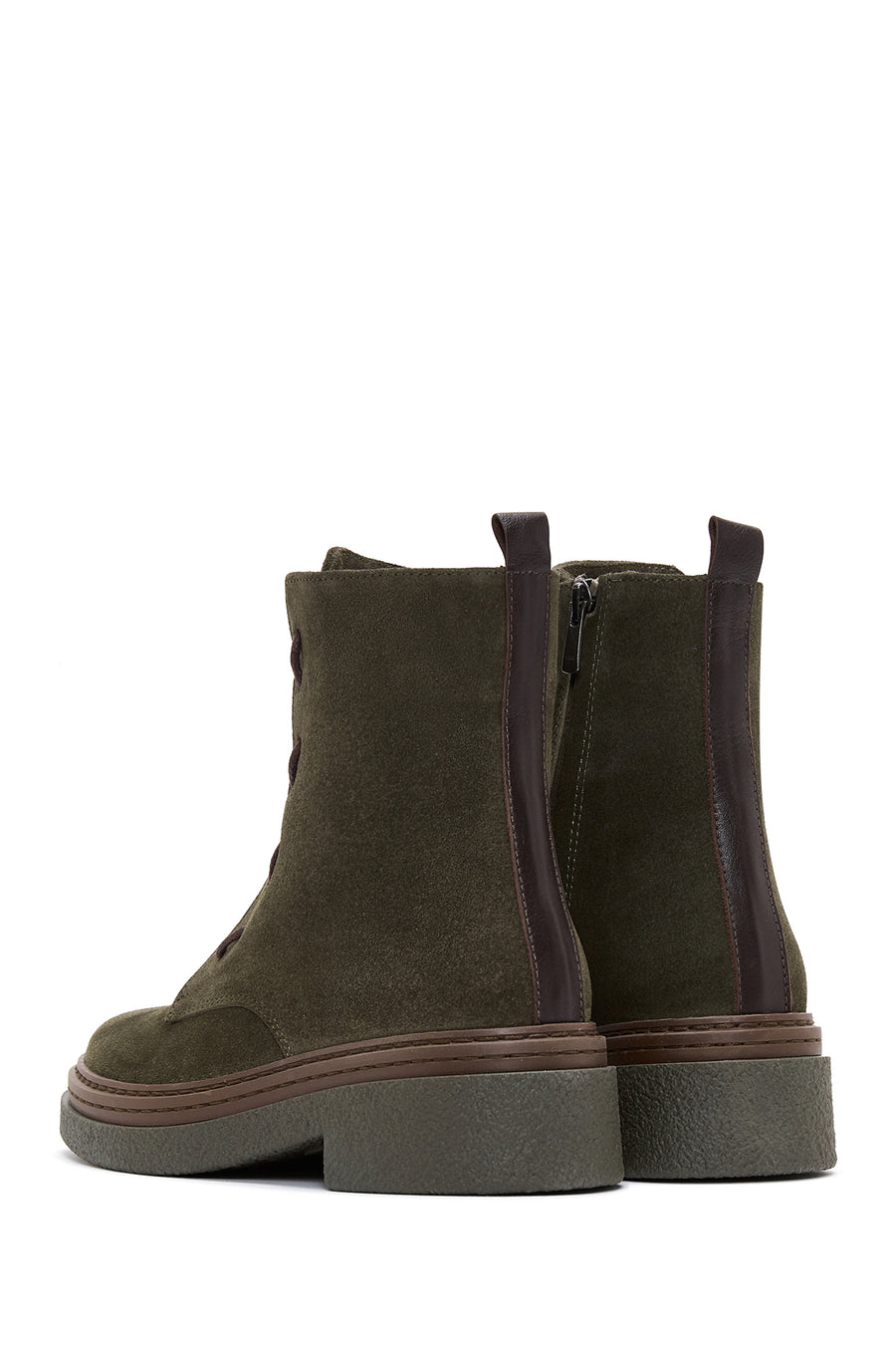 Women's Khaki Suede Leather Zippered Flat Boots
