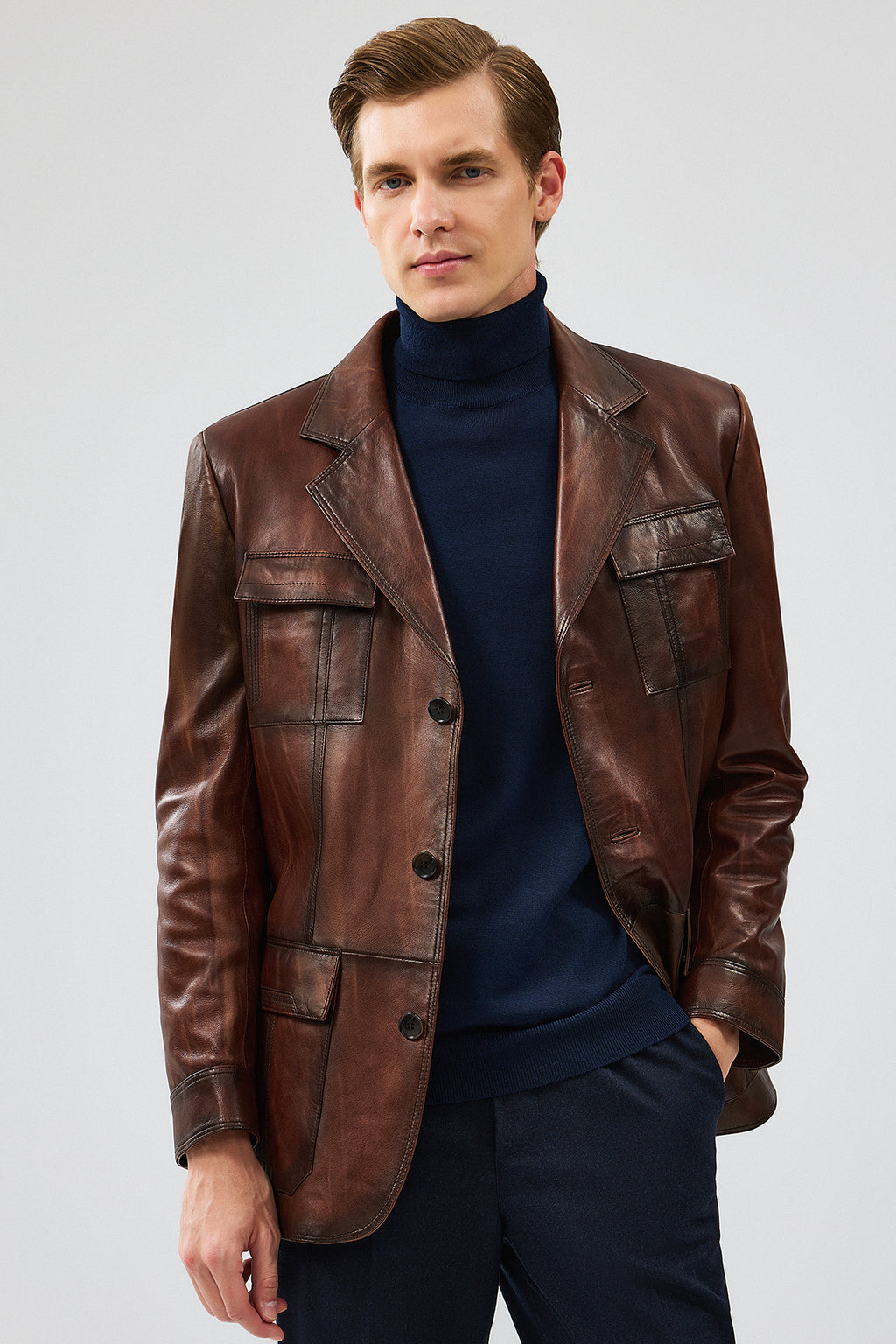 Kevin Erkek Kahverengi Blazer Deri Ceket