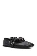 Women's Black Double Buckled Leather Ballerinas | Derimod